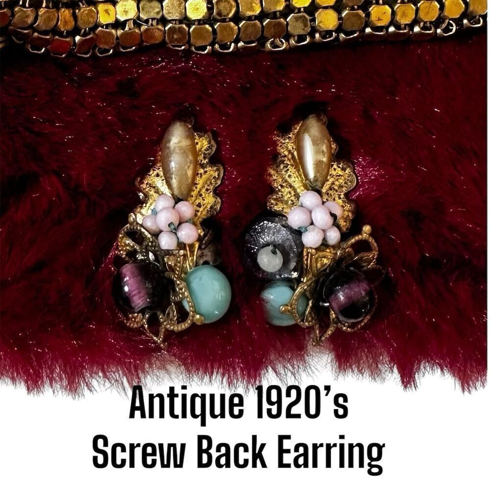 Antique 1920s Beaded Screw Back Earrings Pink Purple Turquoise